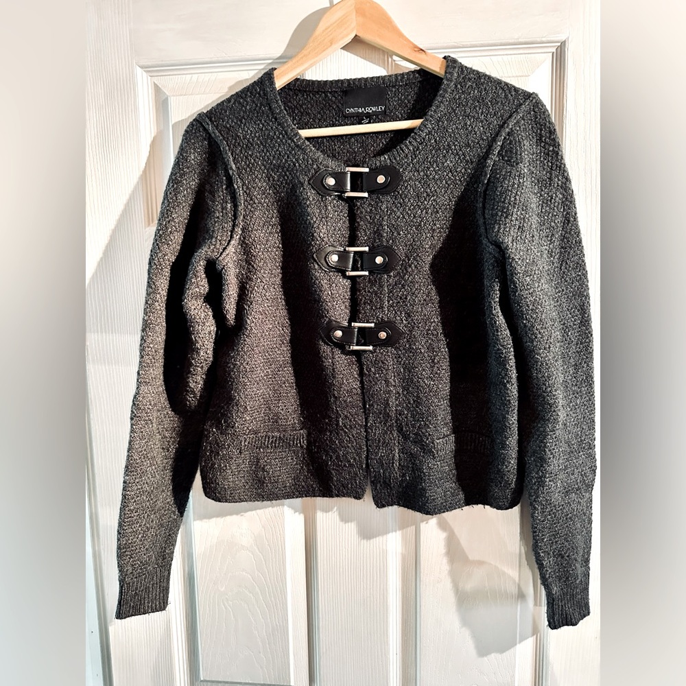 Cool cardigan-like sweater with metal clasps! Charcoal grey. Size L Like New!